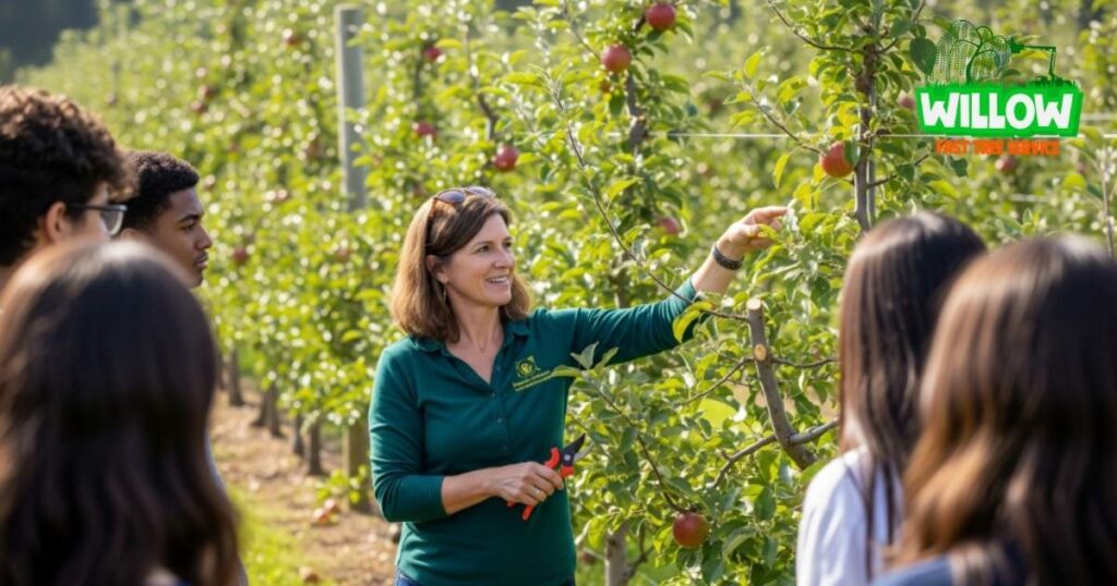 A teacher Teaching Student on The Field What Not to Do When Pruning Apple Trees
